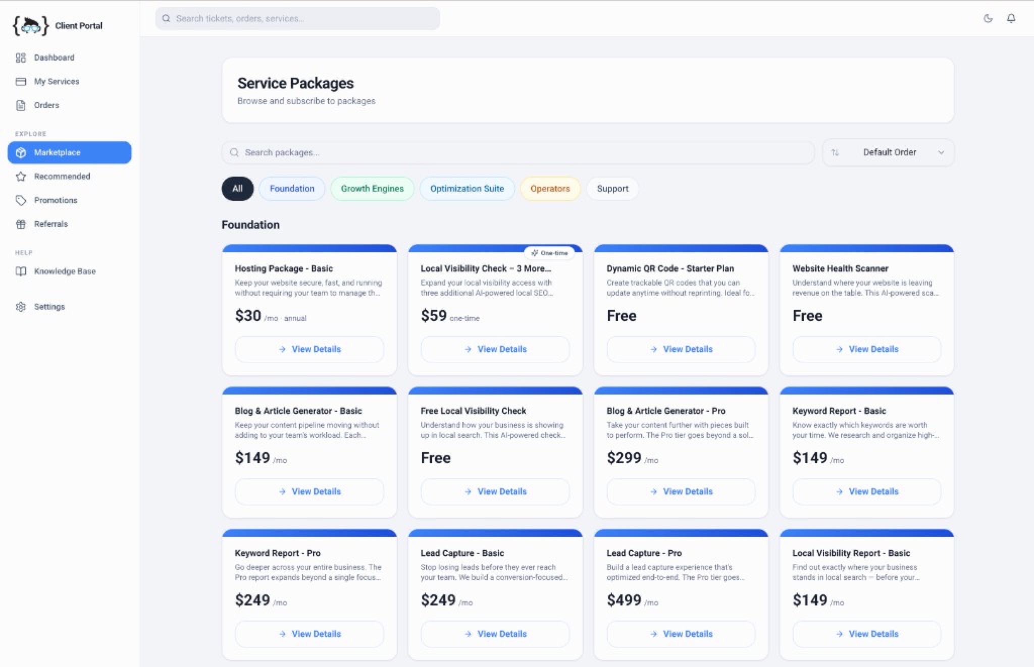 Client Portal — Service Packages view with category filters and marketplace cards